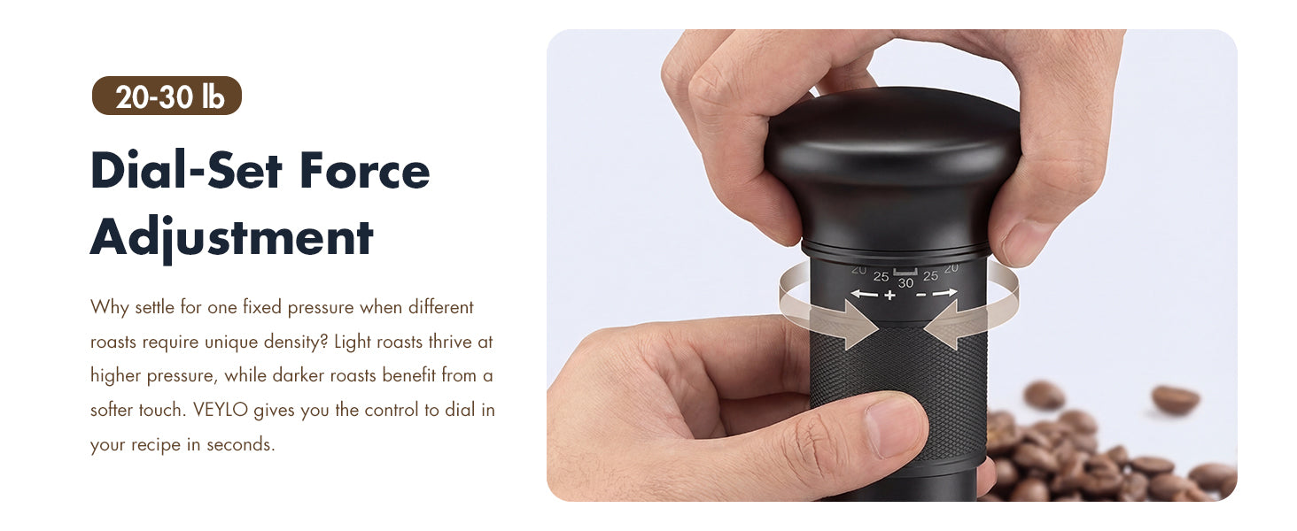 Dial-Set Force Adjustment — set 20 to 30 lb tamping pressure to match any roast